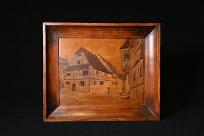 P. ARNOLD. Tableau de marqueterie représentant une rue du vi…