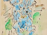 une image représentant un dessin d'un chien bleu sur une feuille de papier