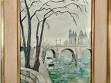 tableau représentant un pont au-dessus d'une rivière, avec un bateau dans l'eau