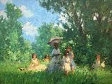 un tableau représentant un groupe de personnes assises dans l'herbe