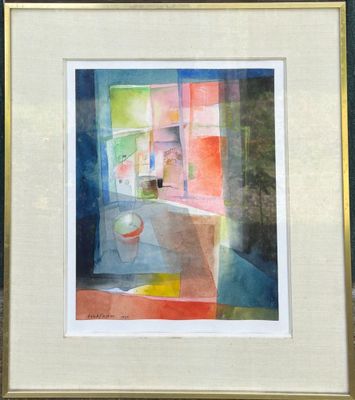 aquarelle encadrée représentant une fenêtre avec un chat à l'intérieur