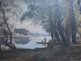 a painting of a man and a woman in a boat on a river