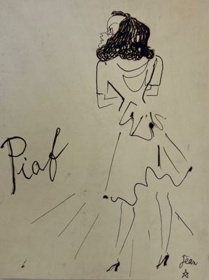 dessin représentant une femme en robe, avec un chien sur les genoux