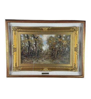 une peinture à l'huile représentant une scène boisée avec des arbres au premier plan