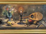 a painting of a still life with a guitar and fruit on a table