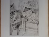 pencil drawing of a cat sitting on a desk with a book
