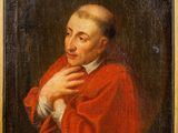 a painting of a man in a red robe holding his hands to his chest