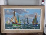 un tableau représentant un groupe de voiliers naviguant sur l'océan