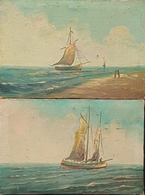 deux tableaux représentant des bateaux en mer, avec des personnes sur le rivage