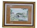 painting of a bridge over a body of water with a house in the background