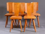 four wooden chairs with wooden legs and a wooden seat