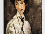 tableau représentant une femme vêtue d'une chemise blanche et d'une cravate noire