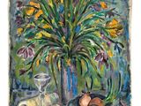 a painting of a vase of flowers and a bowl of fruit