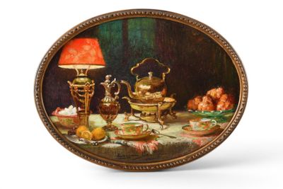 an image of a painting of a table with a lamp on it