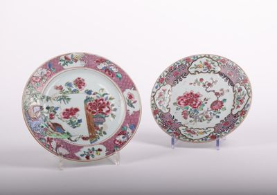 pair of chinese famille plates with flowers and birds