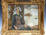 an image of a painting of a woman in a dress sitting on the ground