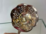 a person holding a silver spoon with writing on it