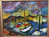 une peinture à l'huile représentant des bateaux dans un port par une journée ensoleillée