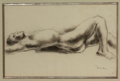 drawing of a nude male reclining on the floor in a frame