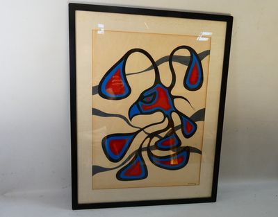 painting of a blue, red and black abstract painting in a black frame