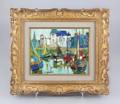 une peinture à l'huile représentant des bateaux dans un port avec des bâtiments à l'arrière-plan