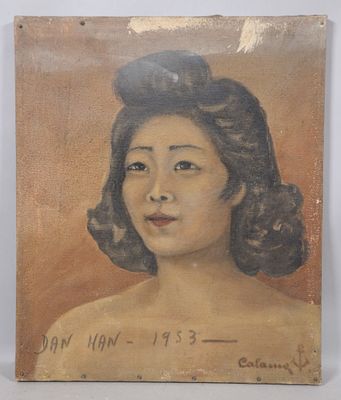 an old painting of a woman with a hat on her head