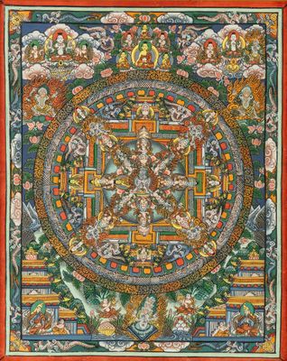 une peinture représentant un thangka bouddhiste orné d'un motif circulaire