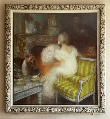 a painting of a woman sitting on a green couch