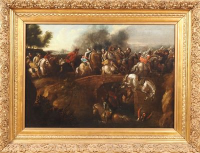 une peinture à l'huile représentant un groupe d'hommes à cheval dans un champ