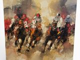 peinture d'un groupe de jockeys sur des chevaux courant sur une piste
