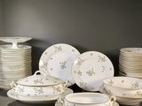 a lot of plates and bowls on the table