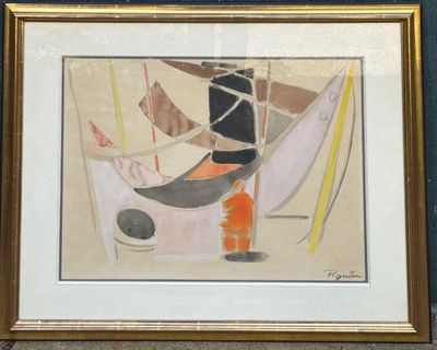tableau représentant un homme dans un bateau avec un chien dans une baignoire