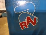 a blue trash can with a red and white logo on it