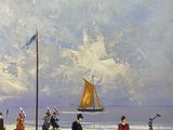 a painting of a group of people on the beach