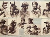 croquis de soldats en uniforme et coiffés d'un chapeau, réalisés sur une surface en bois
