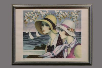 painting of two women in hats sitting on a bench by the water