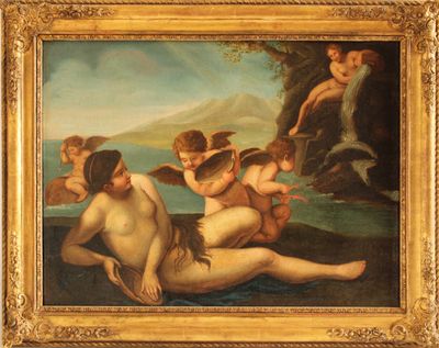 une image représentant un tableau où l'on voit un groupe d'anges au-dessus d'une étendue d'eau