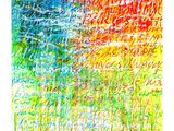 an abstract painting of trees and grass with a sky in the background