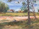 a painting of a man sitting on a bench in a field