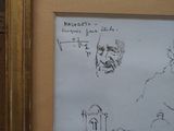 painting of a drawing of a man with a beard and a building in the background