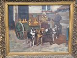 tableau représentant deux chiens et un homme avec une charrette dans une grange