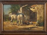 an oil painting of two horses standing in front of a building