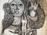 an image of a drawing of a woman with a dragon on her shoulder