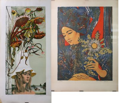 deux photos d'une femme tenant un bouquet de fleurs