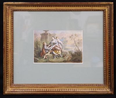 an image of a picture of a painting of a man and a woman on a horse