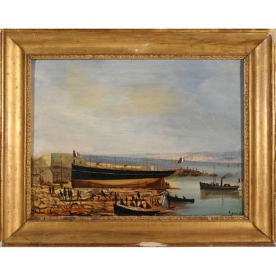 une peinture à l'huile représentant un bateau amarré au bord de l'eau, avec des personnes à bord