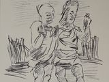 dessin représentant un homme et une femme debout l'un à côté de l'autre sur une plage