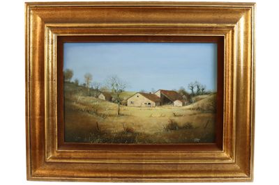 peinture à l'huile d'une scène de ferme dans un cadre doré