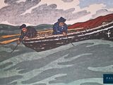 painting of two men in a row boat in the middle of a body of water