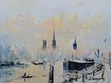 a painting of a boat in the water with a castle in the background